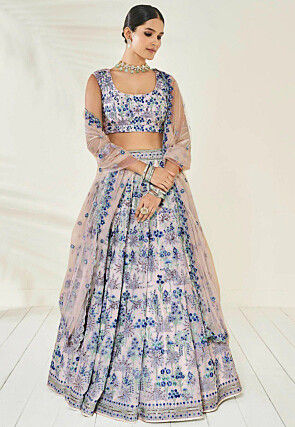 Embroidered Georgette Lehenga in Beige and Blue