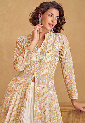 Embroidered Georgette Lehenga in Off White