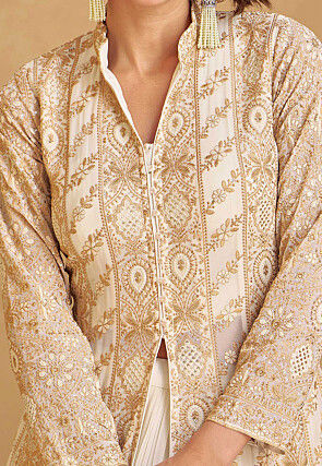 Embroidered Georgette Lehenga in Off White