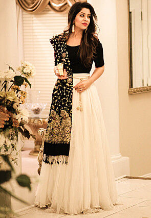 Embroidered Georgette Lehenga in Off White