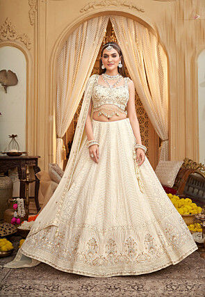 Embroidered Georgette Lehenga in Off White