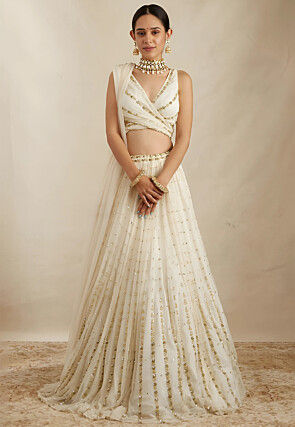 Embroidered Georgette Lehenga in Off White