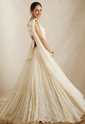 Embroidered Georgette Lehenga in Off White