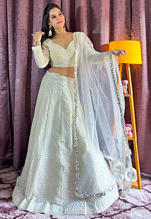 Embroidered Georgette Lehenga in Off White