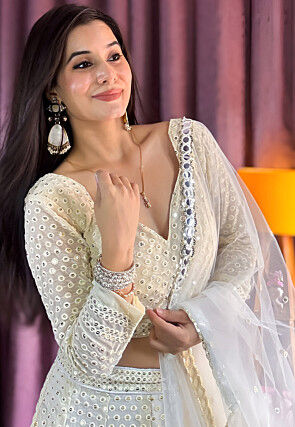 Embroidered Georgette Lehenga in Off White