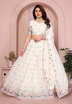 Embroidered Georgette Lehenga in Off White