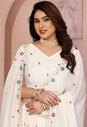 Embroidered Georgette Lehenga in Off White