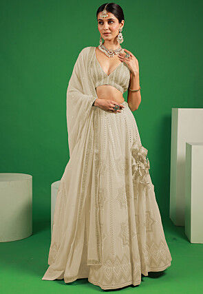 Embroidered Georgette Lehenga in Off White