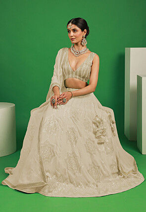 Embroidered Georgette Lehenga in Off White