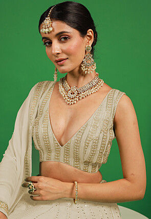 Embroidered Georgette Lehenga in Off White