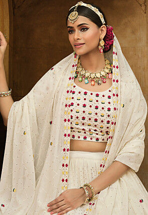 Embroidered Georgette Lehenga in Off White