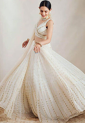 Embroidered Georgette Lehenga in Off White