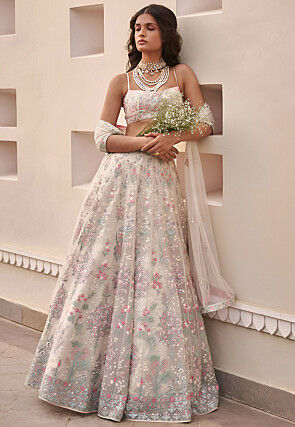 Embroidered Georgette Lehenga in Off White