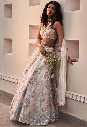 Embroidered Georgette Lehenga in Off White