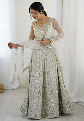 Embroidered Georgette Lehenga in Off White