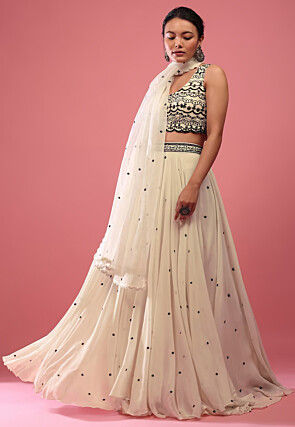 Embroidered Georgette Lehenga in Off White