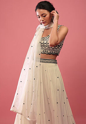 Embroidered Georgette Lehenga in Off White