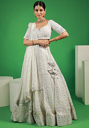 Embroidered Georgette Lehenga in Off-White