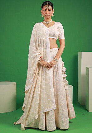 Embroidered Georgette Lehenga in Off-White