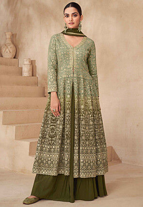 Embroidered Georgette Lehenga in Olive Green Ombre