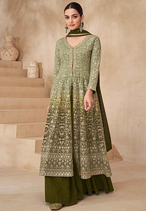 Embroidered Georgette Lehenga in Olive Green Ombre
