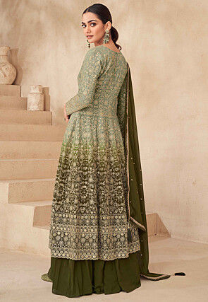 Embroidered Georgette Lehenga in Olive Green Ombre