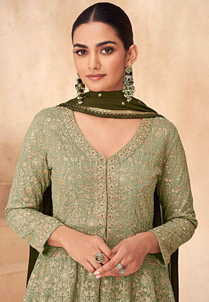 Embroidered Georgette Lehenga in Olive Green Ombre