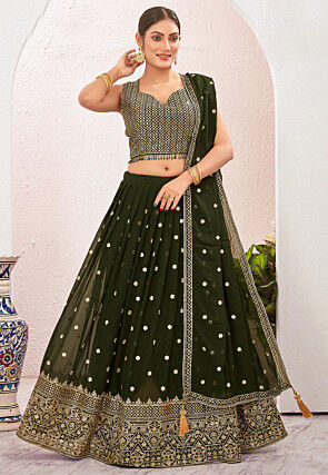 Embroidered Georgette Lehenga in Olive Green