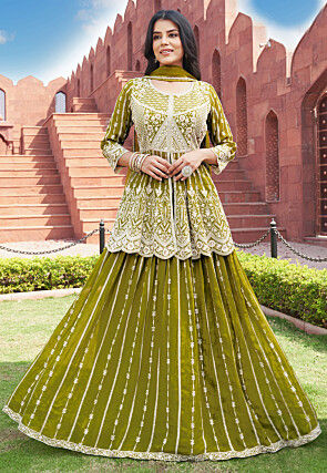 Embroidered Georgette Lehenga in Olive Green