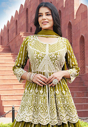 Embroidered Georgette Lehenga in Olive Green