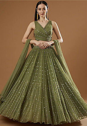 Embroidered Georgette Lehenga in Olive Green