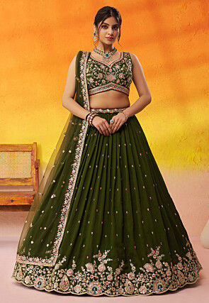 Embroidered Georgette Lehenga in Olive Green