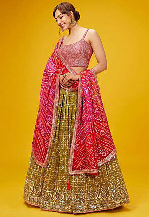 Embroidered Georgette Lehenga in Olive Green