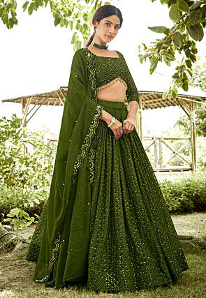Embroidered Georgette Lehenga in Olive Green