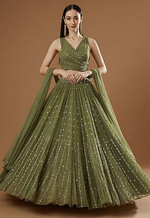 Embroidered Georgette Lehenga in Olive Green