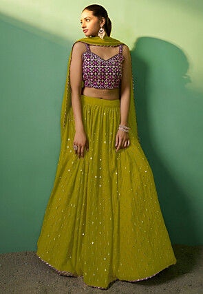Embroidered Georgette Lehenga in Olive Green