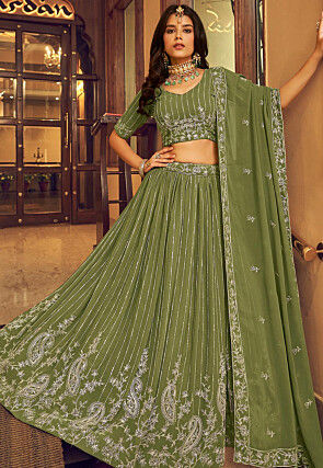 Embroidered Georgette Lehenga in Olive Green