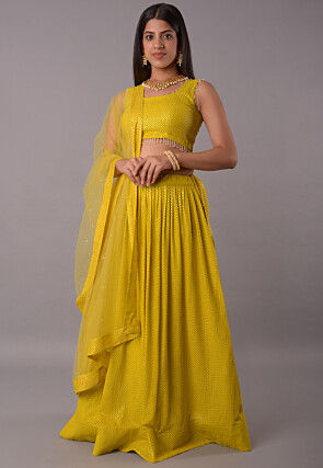 Embroidered Georgette Lehenga in Olive Green