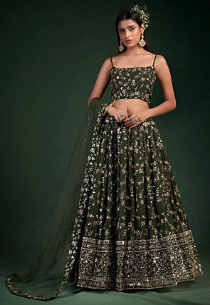 Embroidered Georgette Lehenga in Olive Green
