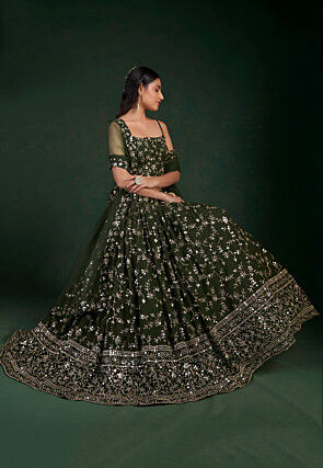 Embroidered Georgette Lehenga in Olive Green
