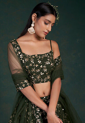 Embroidered Georgette Lehenga in Olive Green
