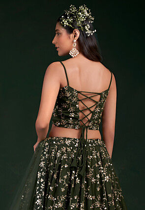 Embroidered Georgette Lehenga in Olive Green