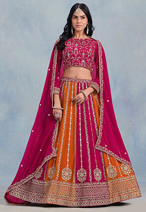 Embroidered Georgette Lehenga in Orange and Fuchsia