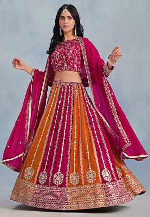 Embroidered Georgette Lehenga in Orange and Fuchsia