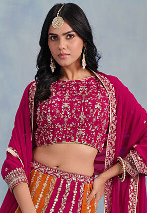 Embroidered Georgette Lehenga in Orange and Fuchsia