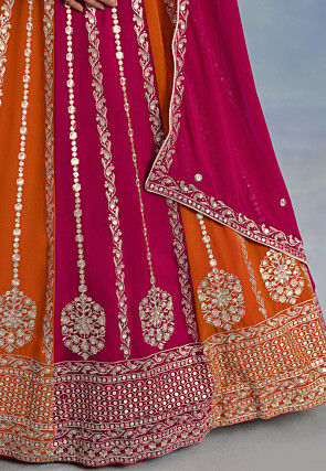 Embroidered Georgette Lehenga in Orange and Fuchsia