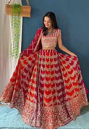 Embroidered Georgette Lehenga in Orange and Pink
