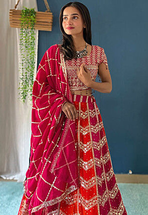 Embroidered Georgette Lehenga in Orange and Pink