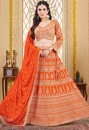 Embroidered Georgette Lehenga in Orange