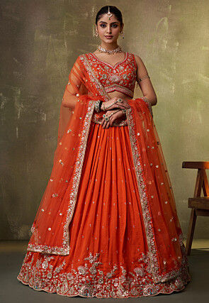 Embroidered Georgette Lehenga in Orange